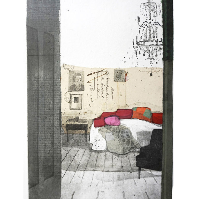 La chambre, gravure à l'eau-forte réalisée par Muriel Bernard, artiste peintre et graveur à Vannes.