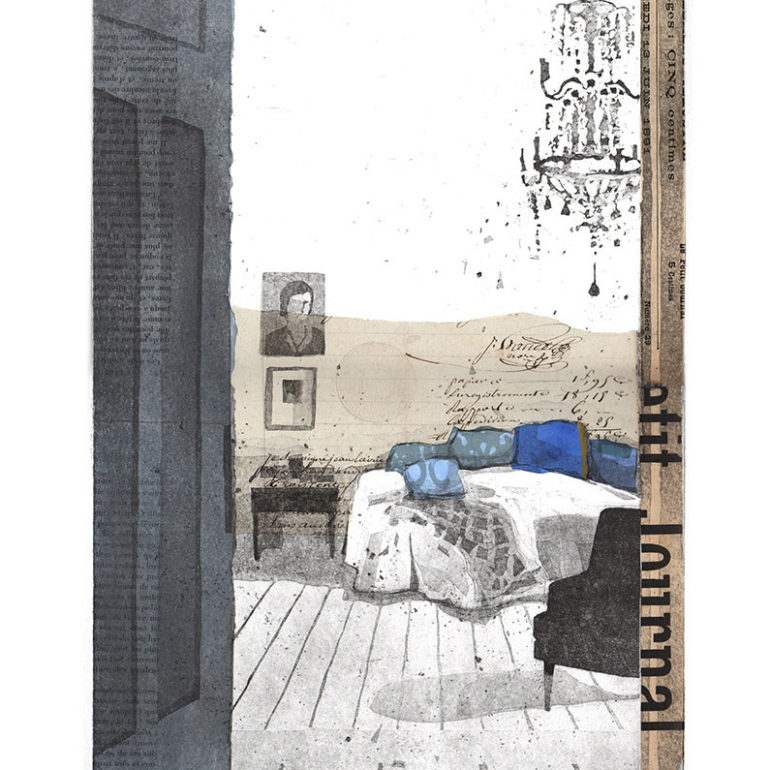 La chambre, gravure à l'eau-forte réalisée par Muriel Bernard, artiste peintre et graveur à Vannes.