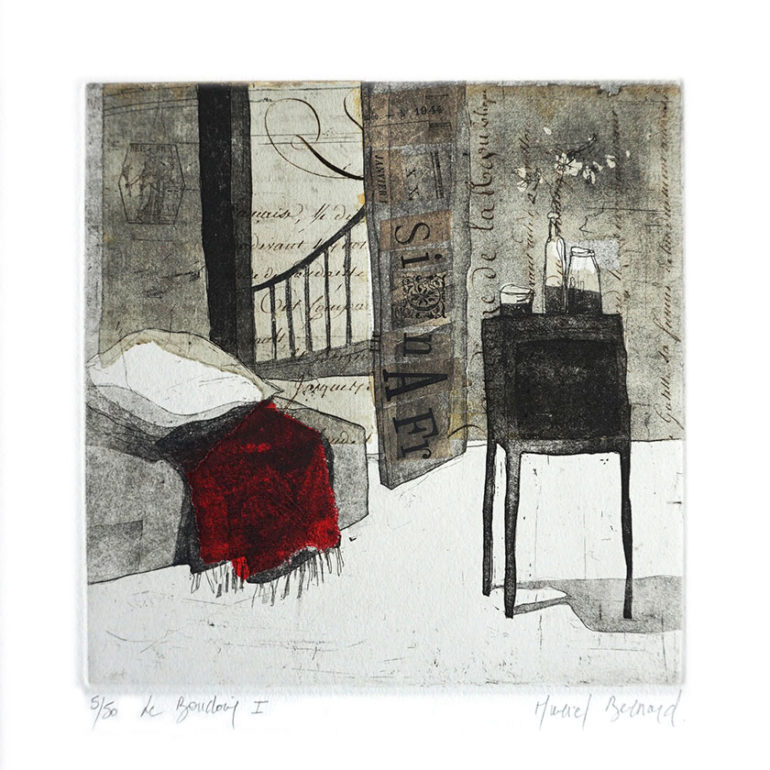 Le boudoir, gravure à l'eau-forte réalisée par Muriel Bernard, artiste peintre et graveur à Vannes.