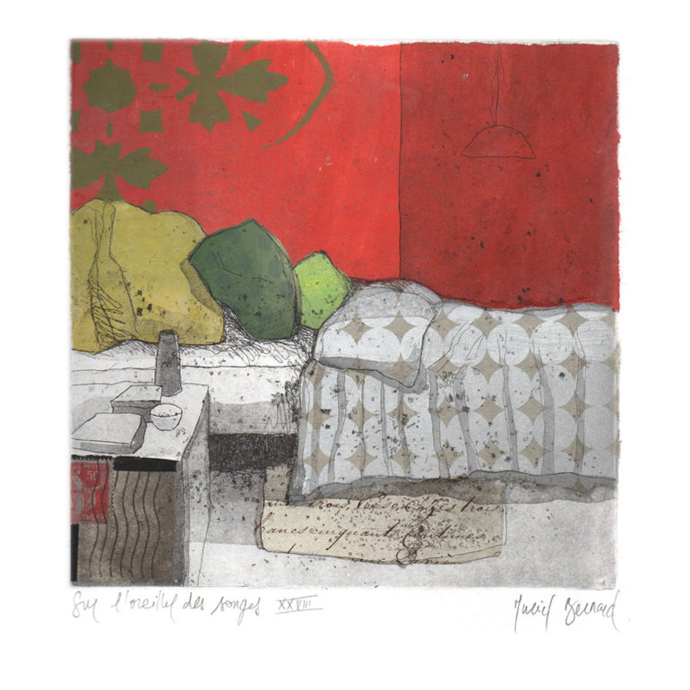 Sur l'oreiller des songes, estampe réalisée par Muriel Bernard, artiste peintre et graveur à Vannes.