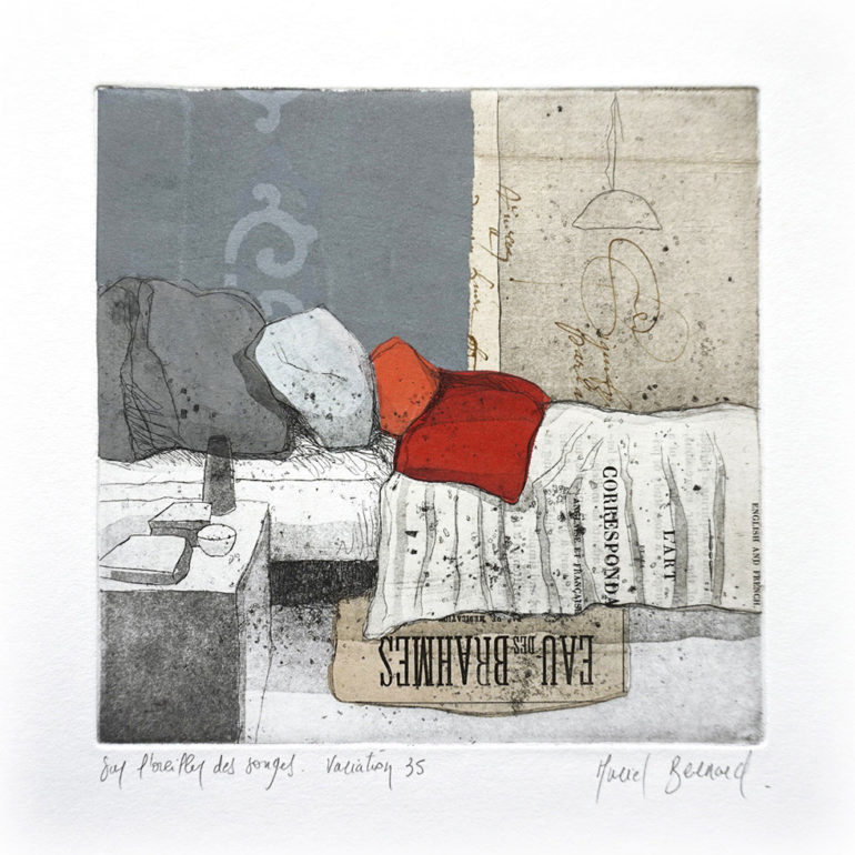 Sur l'oreiller, gravure réalisée par Muriel Bernard, artiste peintre et graveur à Vannes.