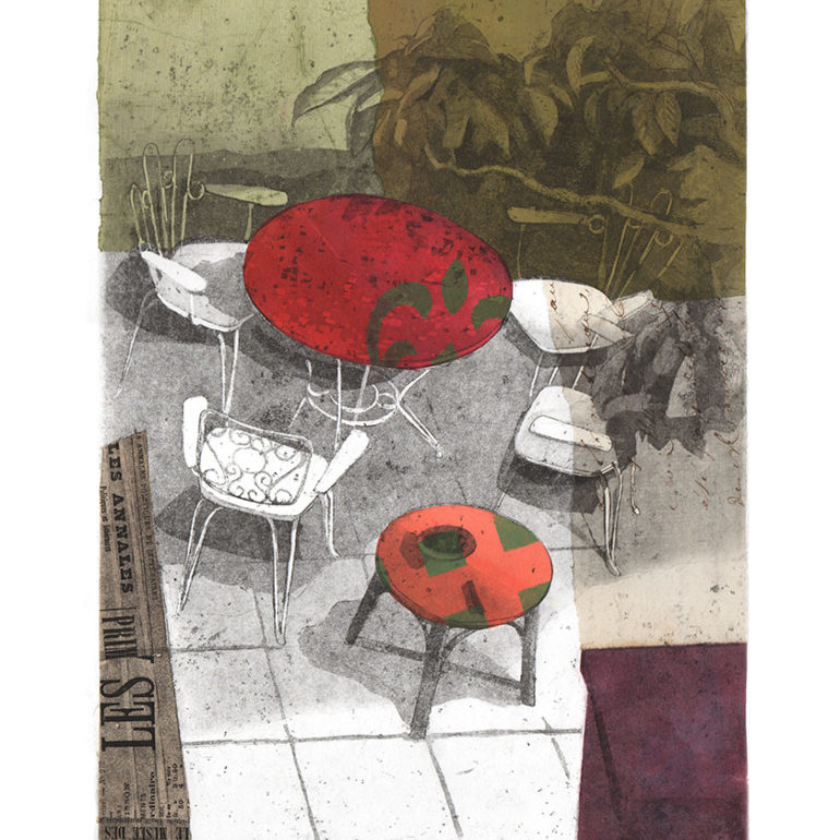 Un été à Barcelone, gravure réalisée par Muriel Bernard, artiste peintre et graveur à Vannes.