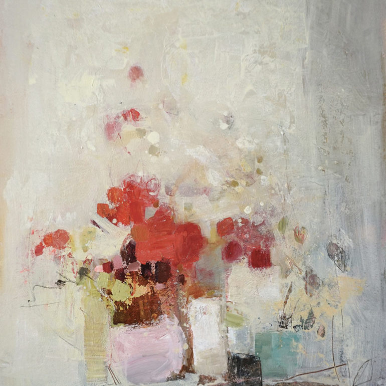 Grand bouquet fond blanc, peinture réalisée par Muriel Bernard, artiste peintre et graveur à Vannes.