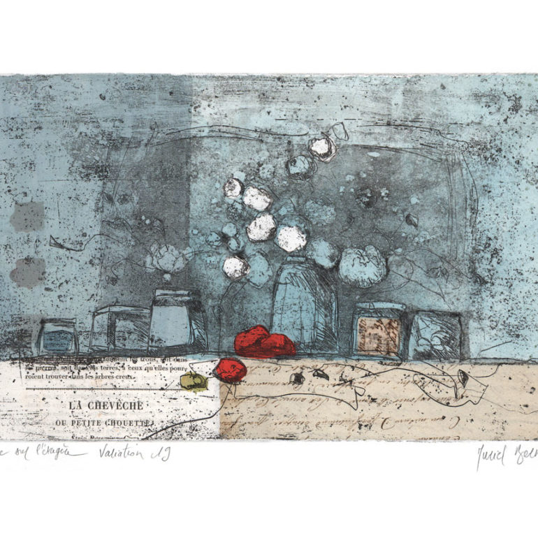 Neige sur l'étagère, gravure réalisée par Muriel Bernard, artiste peintre et graveur à Vannes.