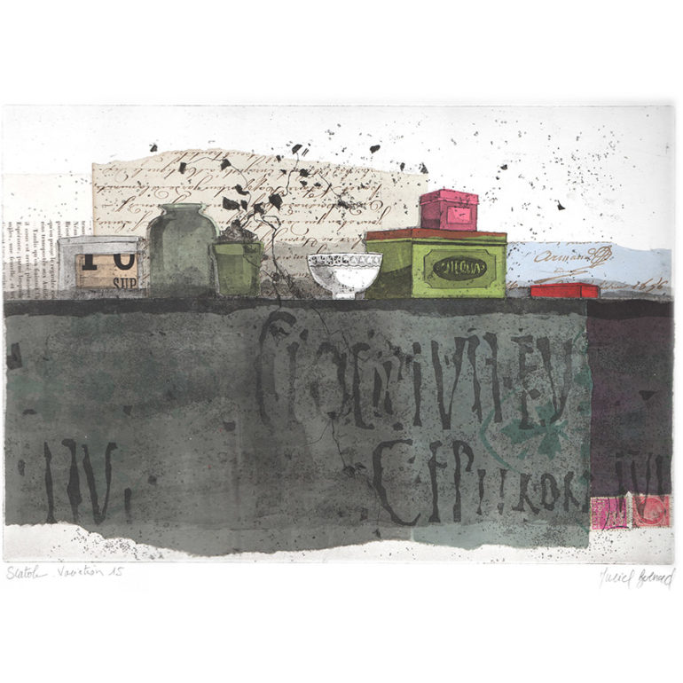 Scatole, gravure réalisée par Muriel Bernard, artiste peintre et graveur à Vannes.