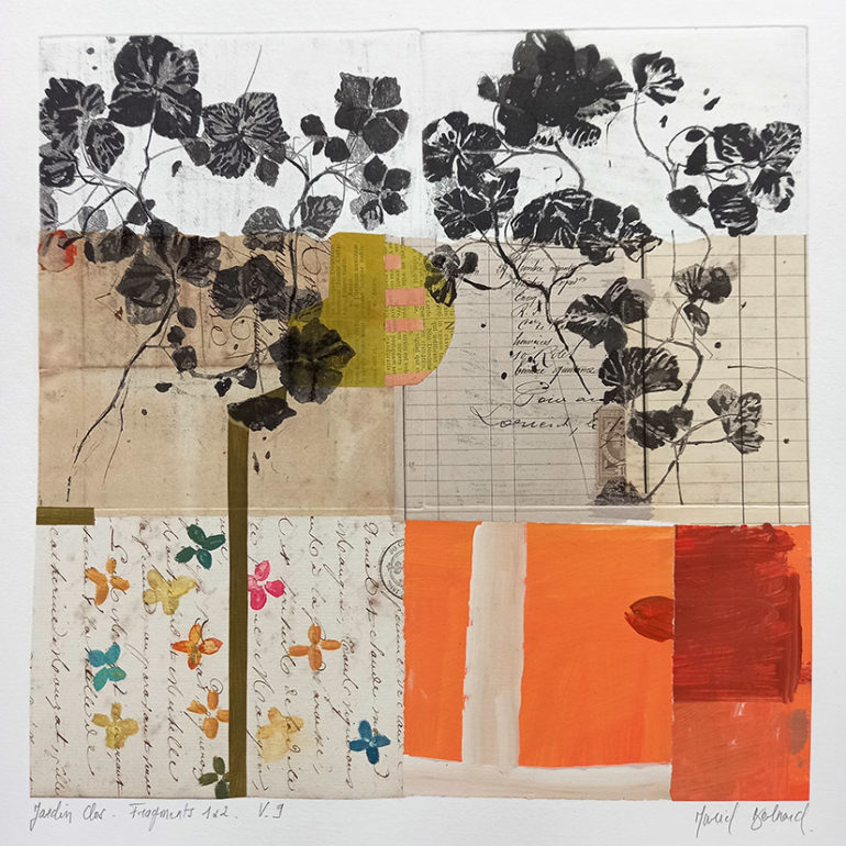 Muriel Bernard utilise différents procédés de gravure qu'elle associe à des contrecollages de papiers anciens